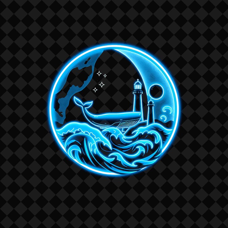 PSD il neon illuminato che circonda un distintivo a forma di luna con le onde che si schiantano contro i bordi all'interno è d