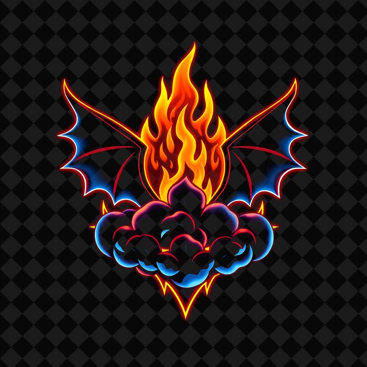 PSD il neon splendente che delinea un distintivo a forma di fiamma con bordi frastagliati all'interno è decorato con l'ala del drago