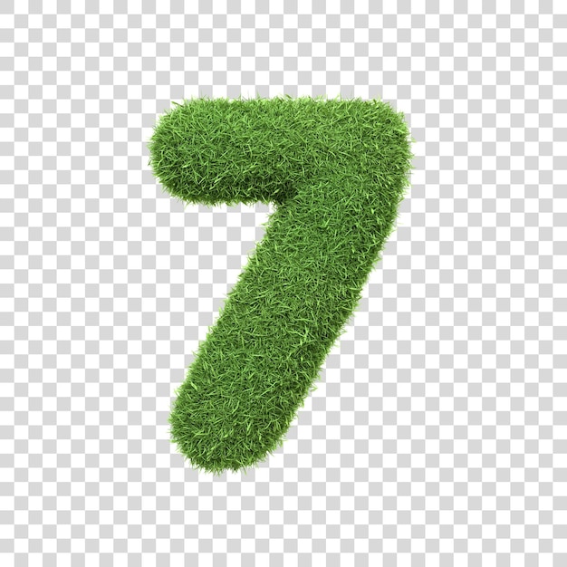 Il numero 7 a forma di densa erba verde su uno sfondo bianco puro Numero sette Vista anteriore
