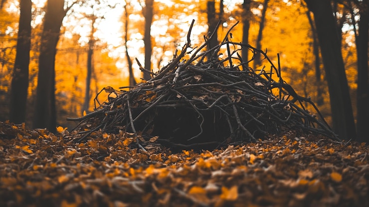 PSD il pavimento della foresta autunnale con un mucchio di rami scuri e foglie dorate