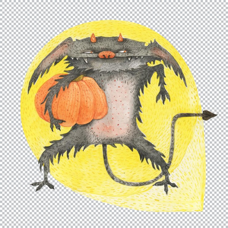 PSD il piccolo diavolo lanuginoso ruba una zucca. illustrazione dell'acquerello per bambini con una creatura di fantasia carina.