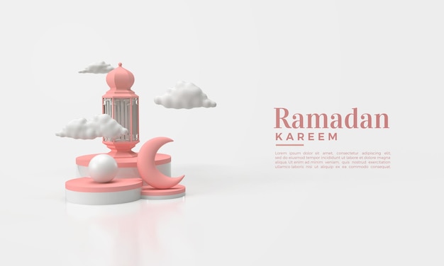 Il ramadan kareem 3d rende con l'illustrazione della luna e delle luci rosa