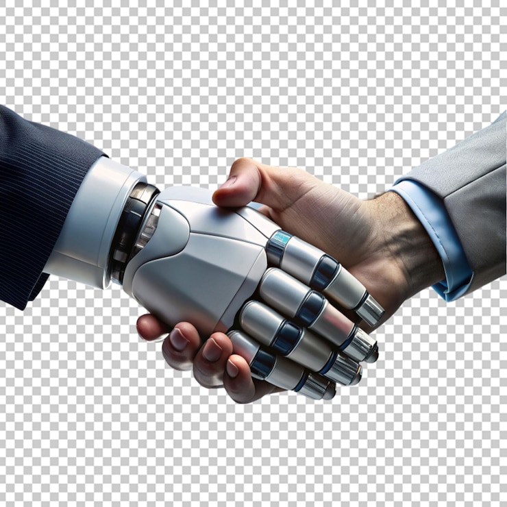 PSD il robot cyborg stringe la mano a un uomo d'affari