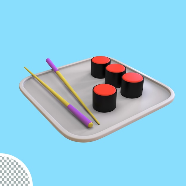 Il rotolo di sushi tradizionale con il salmone e le bacchette realistiche 3d rendono l'illustrazione isolata