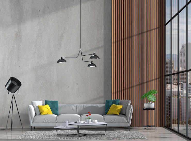 PSD il salone moderno interno con il sofà, la pianta, la lampada, 3d rende