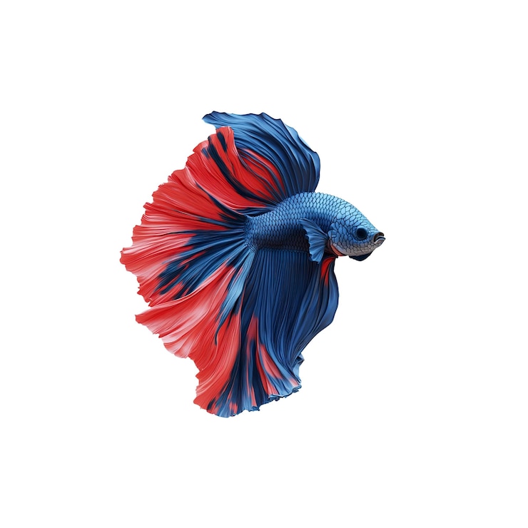 PSD il vivace pesce siamese rosso e blu che combatte isolato sul nero