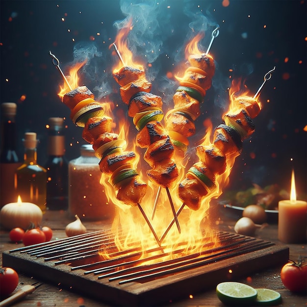 PSD il y a une brochette de nourriture sur un bâton avec des flammes gagnant du concours pexels coloré avec précision