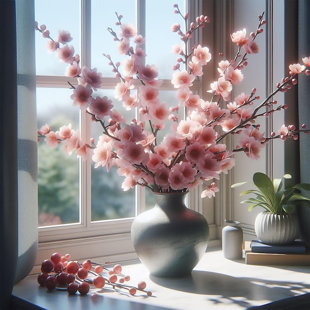 PSD il y a un vase avec des fleurs assis sur un rebord de fenêtre, unsplash transparent fleur de cerisier
