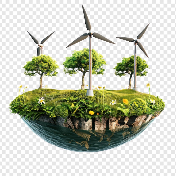 PSD île d'herbe verte flottante avec 3 éoliennes sur fond transparent psd
