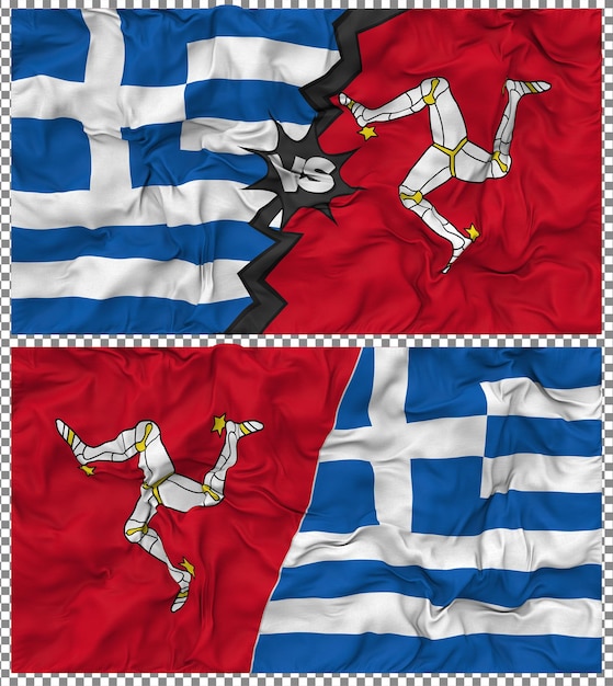 L'île de Man contre la Grèce Half Combined Flag Cloth Bump Texture Rendering 3D