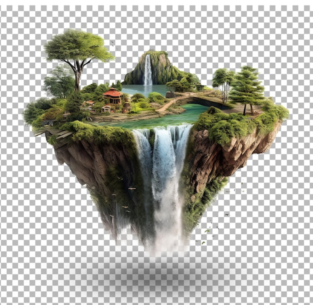 L'île volante avec un beau paysage, de l'herbe verte et des chutes d'eau, des montagnes, une illustration en 3D.