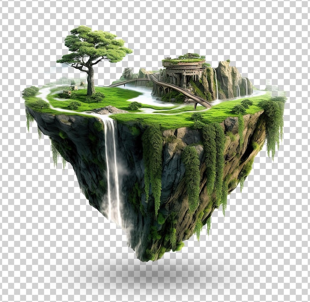 L'île volante avec de beaux paysages, de l'herbe verte et des chutes d'eau, des montagnes, des illustrations en 3D.