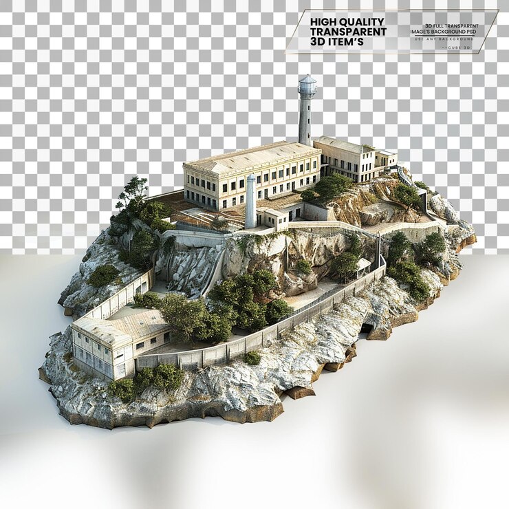 PSD ilha de alcatraz um modelo 3d da ilha histórica em fundo transparente