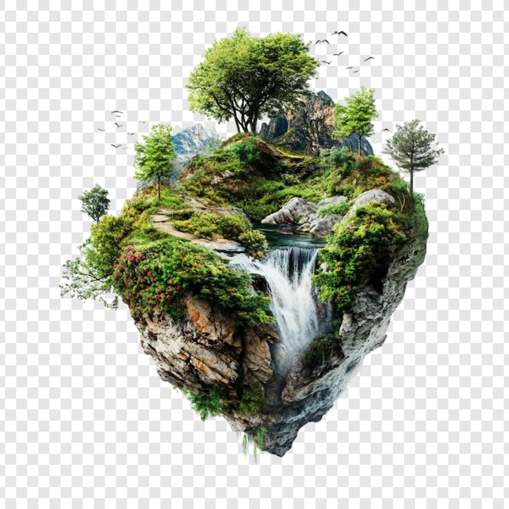 PSD ilha flutuante, cachoeira, vegetação exuberante, pássaros, natureza tranquila, paraíso