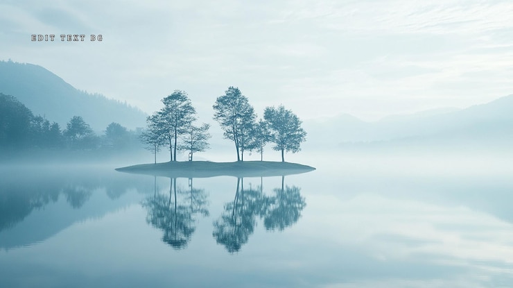 PSD ilha serena com três árvores refletidas no calmo lago nebuloso ao amanhecer
