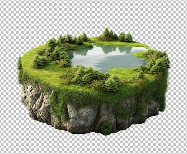 PSD ilha verde isolada com montanha e cachoeira voando isolada em fundo branco