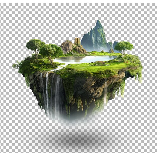 PSD ilha voadora com bela paisagem grama verde e cachoeiras montanhas ilustração 3d ilha