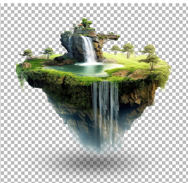 Ilha voadora com bela paisagem grama verde e cachoeiras montanhas ilustração 3d ilha
