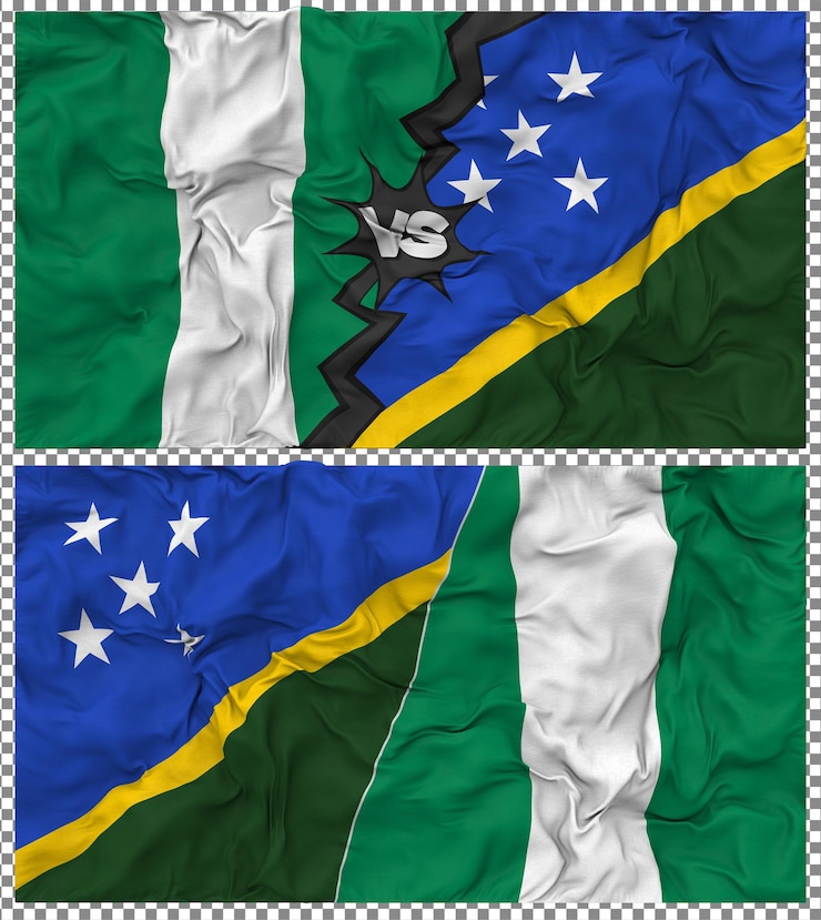 PSD ilhas salomão versus nigéria meia bandeira combinada textura de tecido 3d rendering