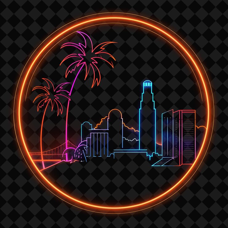 PSD illuminated neon los angeles coastline in a silhouette circl png y2k monoline cityscape collage art