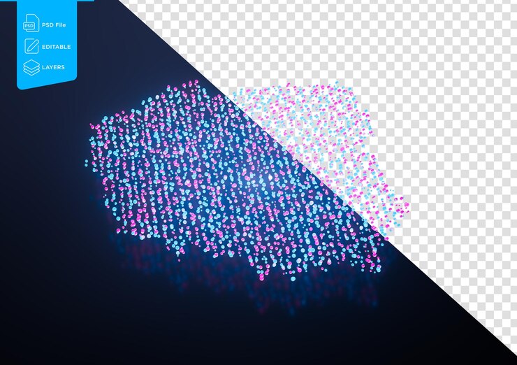 PSD illuminated poland digital data map pink and blue neon glowing particles 3d illustration