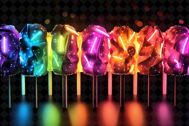 PSD illuminated rainbow marshmallow pops composto de fragmentação de neon cor alimentação bebida colecção y2k