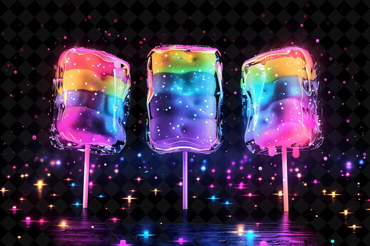 PSD illuminated rainbow marshmallow pops compuesto por fragmentos de color neón comida bebida colección y2k