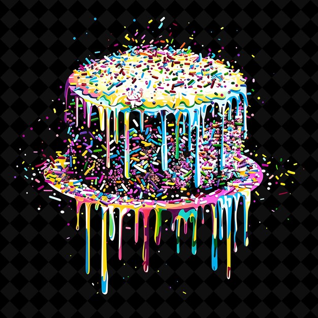 Illuminated sprinkle covered cake formed with fragmented spr neon color alimentos bebidas colecção y2k