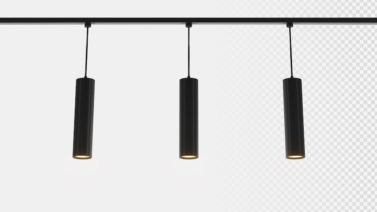 PSD illuminazione a binario lampade a sospensione a soffitto spot a led rendering 3d realistico mockup tubo di metallo nero illumina moderni apparecchi a cilindro su sfondo bianco per l'interior design casa o ufficio