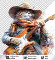 PSD illustrasi psd gato topi guitarra principal com detalhe gato topi dan syal