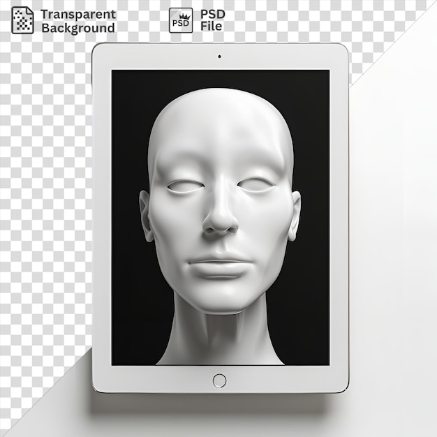 PSD illustrateurs photographiques réalistes isolés tablette numérique présentant un visage blanc avec les yeux fermés un grand nez et une bouche fermée accompagnés d'un bouton rond