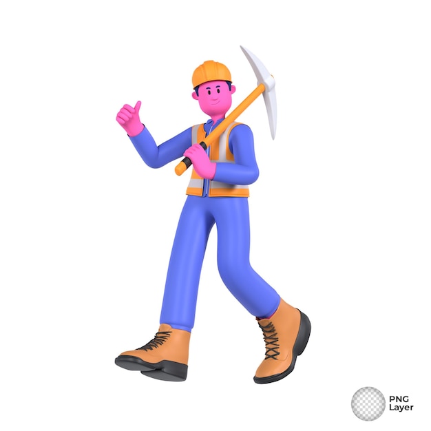 Illustration 3D de l'architecte tenant un marteau dans une main et montrant les pouces en l'air avec un sourire sur le visage
