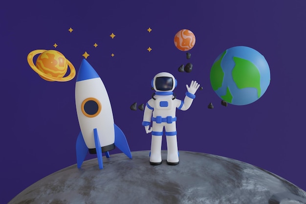 PSD illustration 3d d'un astronaute sur la lune avec une fusée et des planètes en arrière-plan