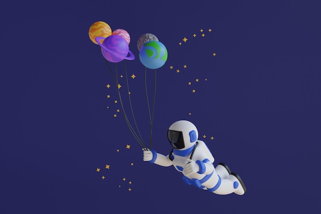 PSD illustration 3d d'un astronaute volant avec des ballons planétaires astronaute flottant avec des ballons planétaires