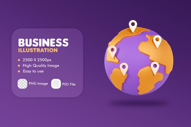 Illustration 3D de la carte du globe avec symboles de localisation, concept de voyage, financier et commercial