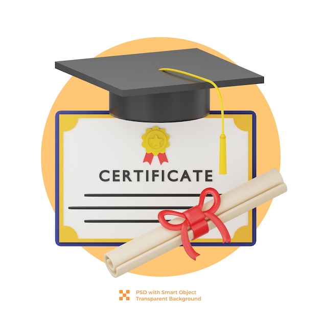 PSD illustration 3d d'un chapeau de graduation et d'un certificat de diplôme