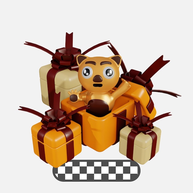 PSD illustration 3d chat mignon sortir de la boîte-cadeau de couleur orange et marron