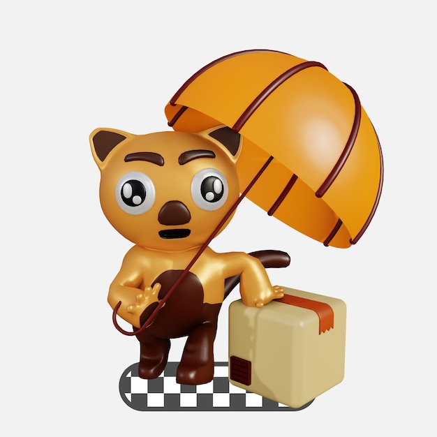 Illustration 3d Chat Mignon Tenant Un Parapluie Et Un Paquet De Couleur Orange Et Marron