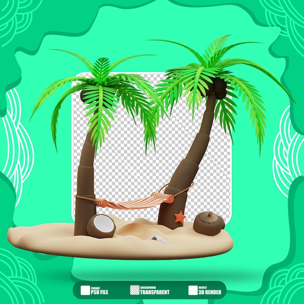 PSD illustration 3d d'un cocotier et d'un hamaque 2