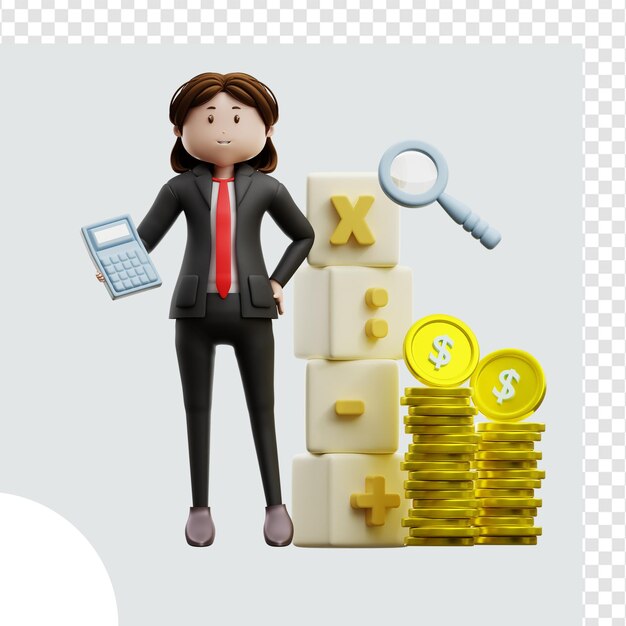 PSD illustration 3d comptable fiscale féminine avec de l'argent