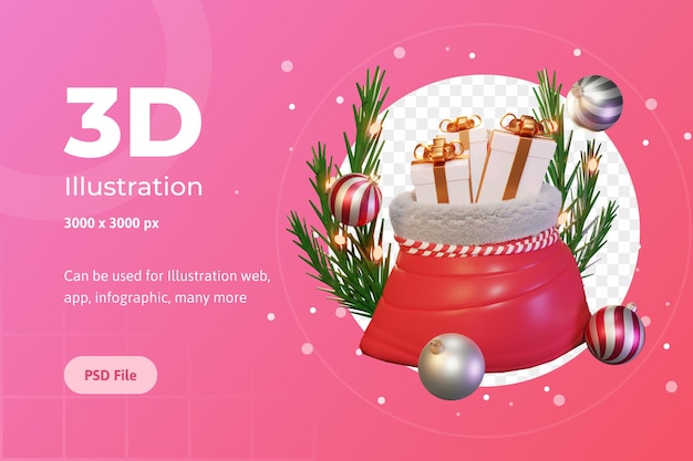 Illustration 3D, concept, cadeau de sac, père Noël, utilisation pour le web, infographie, impression, etc.