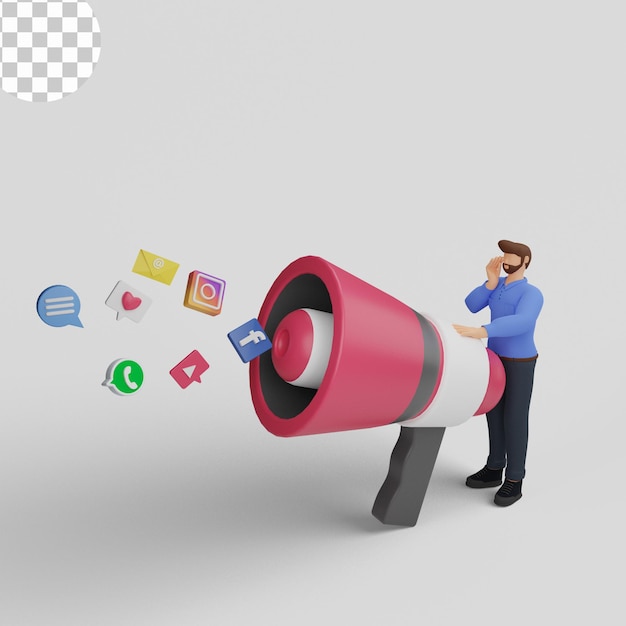 PSD illustration 3d. concept de marketing des médias sociaux