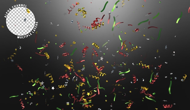 Illustration 3d de confettis flottant dans l'air à partir de différentes positions, fête, événement