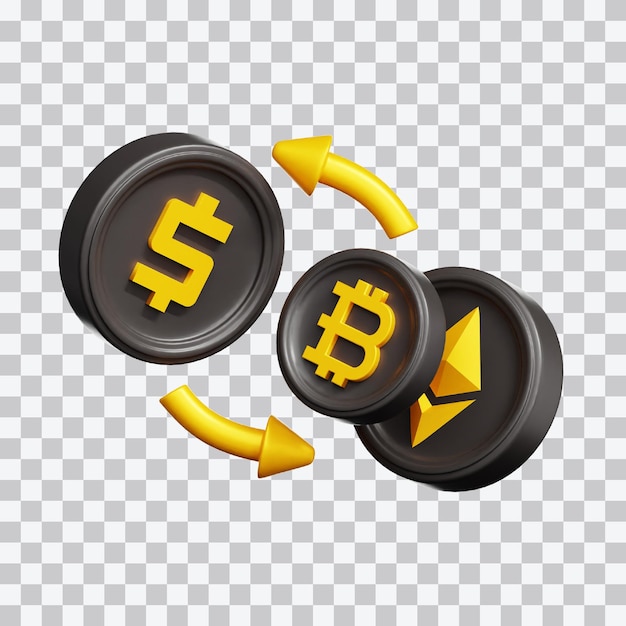 Illustration 3D de la conversion en Bitcoin par Ethereum