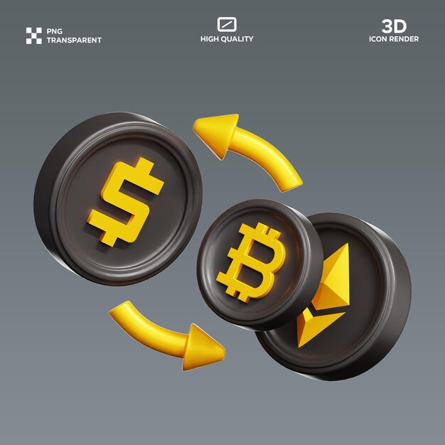 Illustration 3D de la conversion de l'Ethereum en Bitcoin en PSD