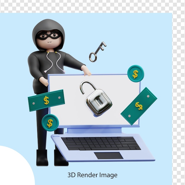 PSD illustration 3d cybercriminalité piratant une banque