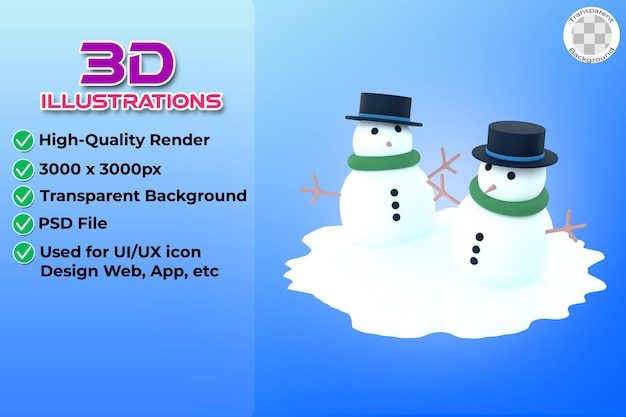 Illustration 3d De Deux Personnages De Bonhomme De Neige Avec Chapeau Noir Sur Fond Transparent