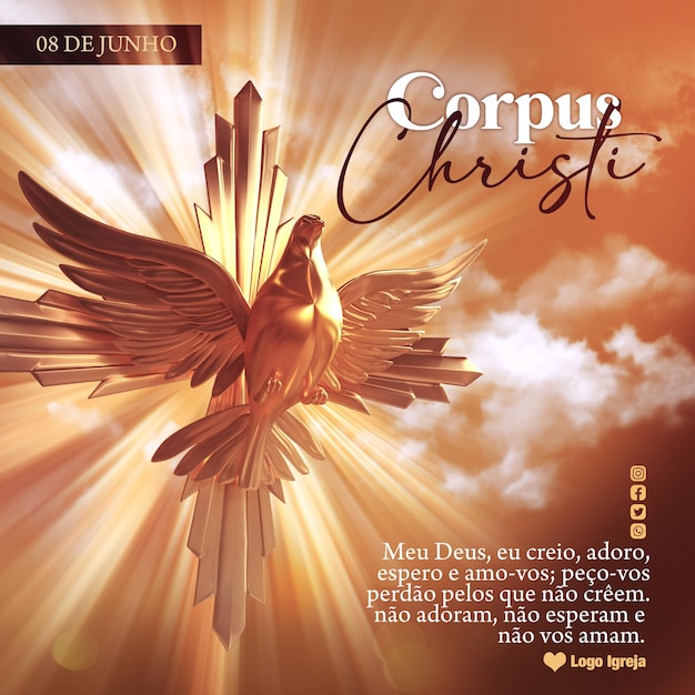 PSD illustration 3d dorée avec colombe corpus christi