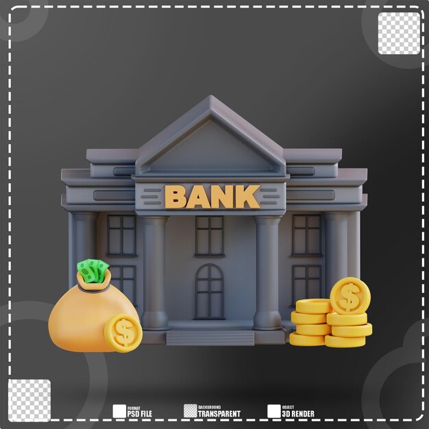 Illustration 3d Du Bâtiment De La Banque Et Du Sac D'argent 2