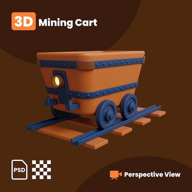 Illustration 3D du chariot minier avec une vue en perspective